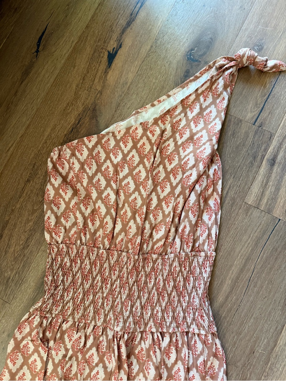 One-Shoulder Rust & Cream Patterned Maxi Dress - Picture 2 of 4